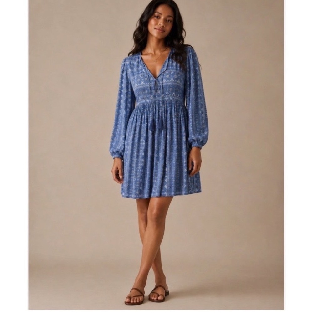 Torrid Fit & Flare Mini Dress Women 1X Blue Boho Wash Gauze camisole tassels NWT